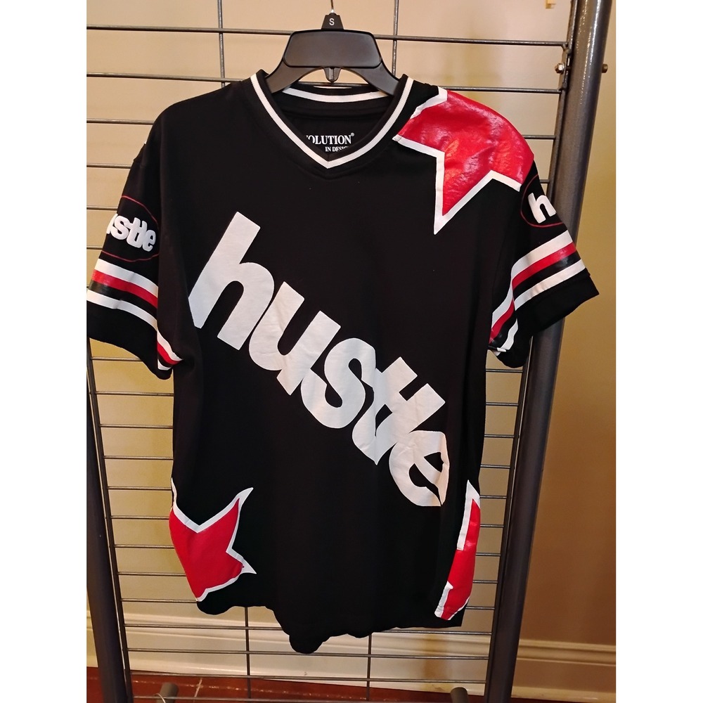 Evolution In Design Hustle Jersey T-Shirt Black Red Stars Mens XL Short Sleeve